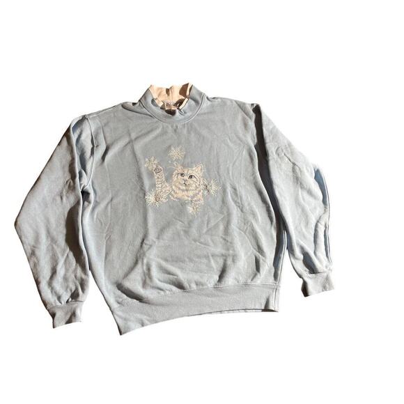 VINTAGE Kitty Cat Snow Flake Christmas Winter Sweater. Light blue/White XL - Picture 2 of 6